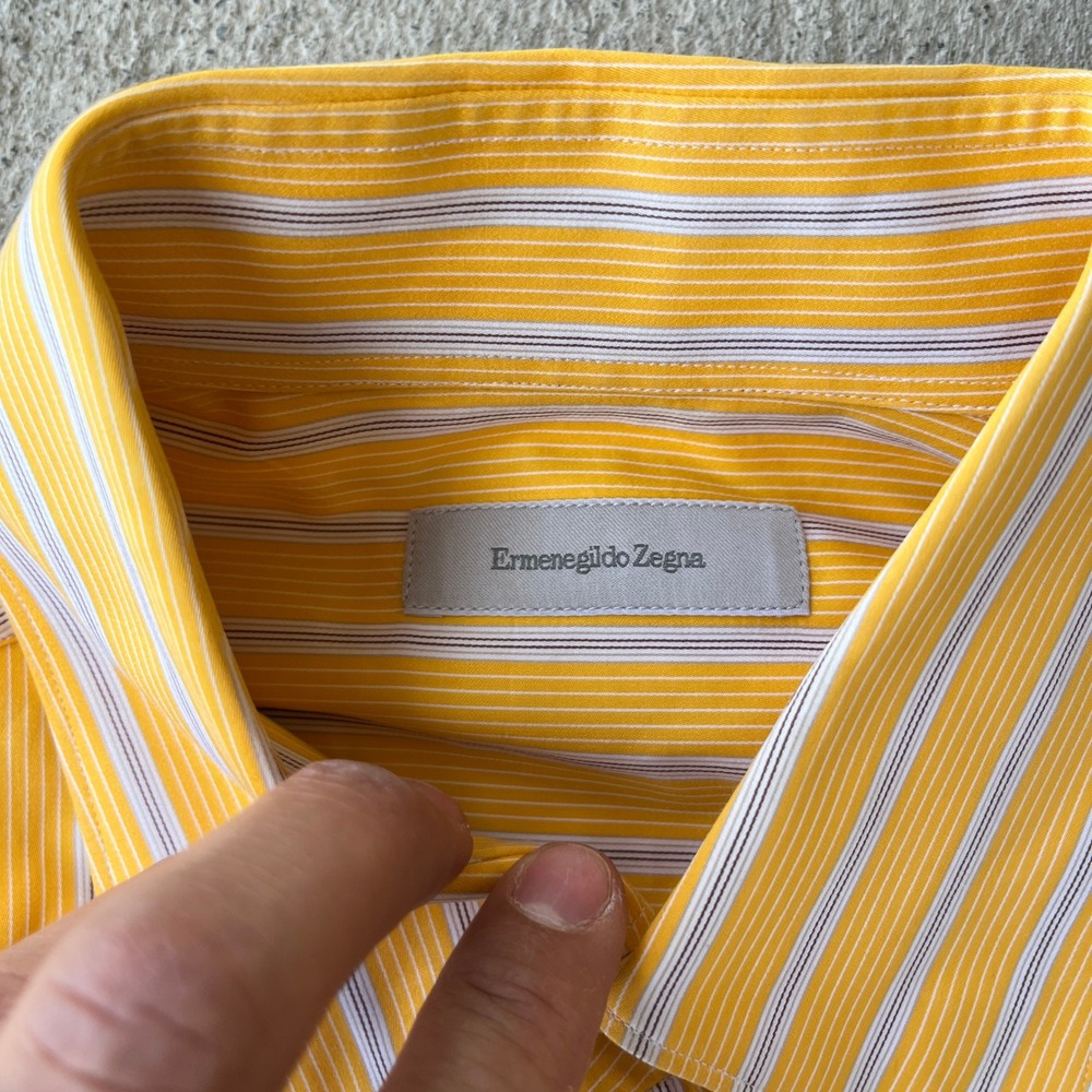Ermenegildo Zegna Shirt Mens Medium Yellow Stripe Made In Italy Cotton Button Up - Picture 2 of 7